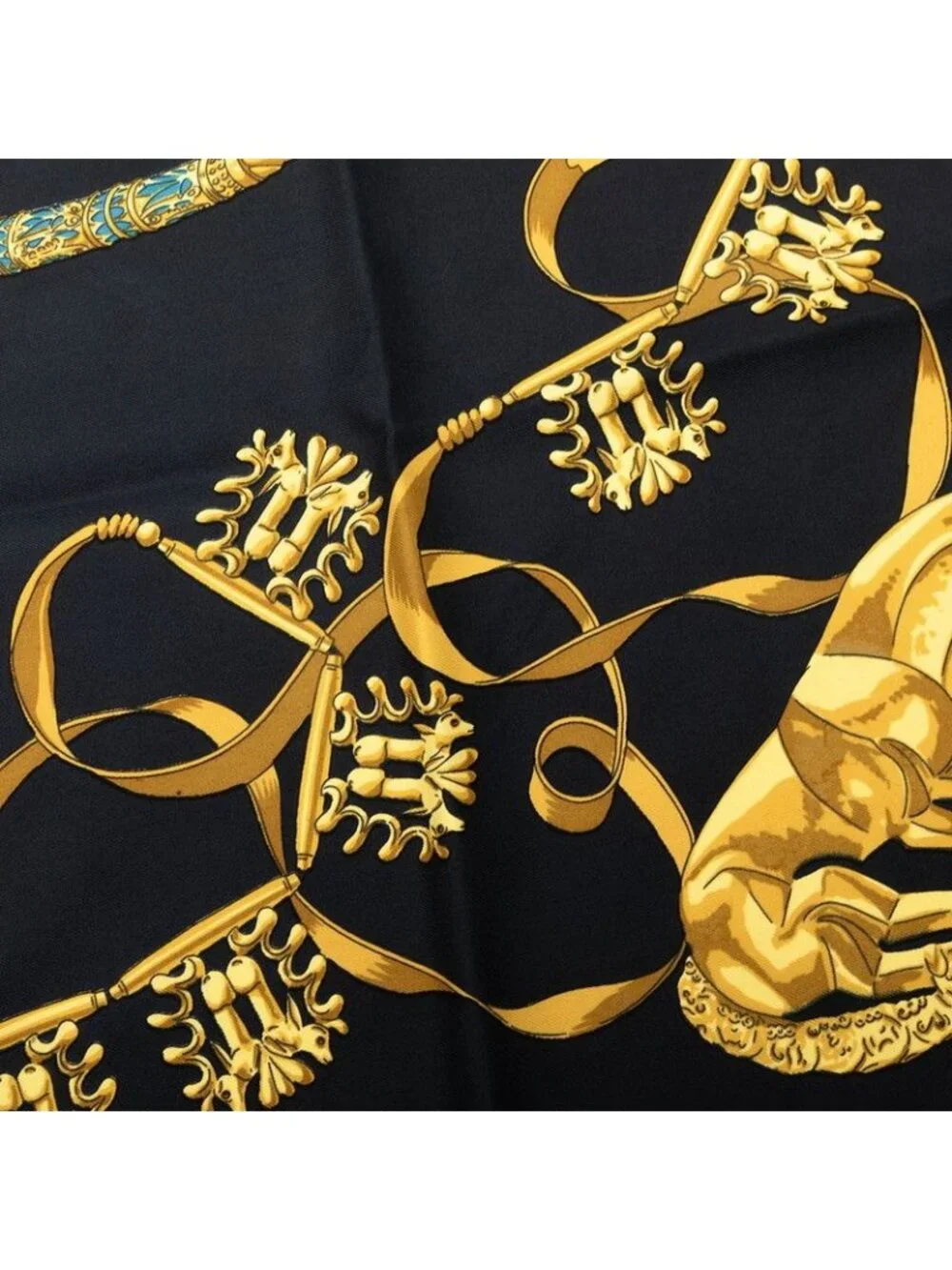 Hermes les Cavaliers D'or Yellow Gold Knight Scarf Black Silk
